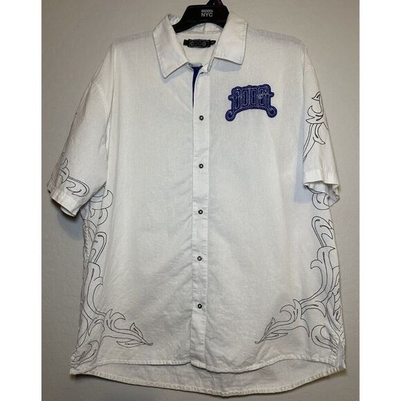 COOGI Button Up Shirt‎ Mens 3XL Blue Embroidered Luxe Ivory Linen Y2K Hawaiian - Picture 1 of 12